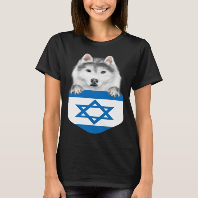 Israel Flag Siberian Husky Dog In Pocket T Shirt (Framsida)