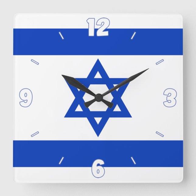 Israel Flagga Star of David Blue White Numbers Fyrkantig Klocka (Framsida)
