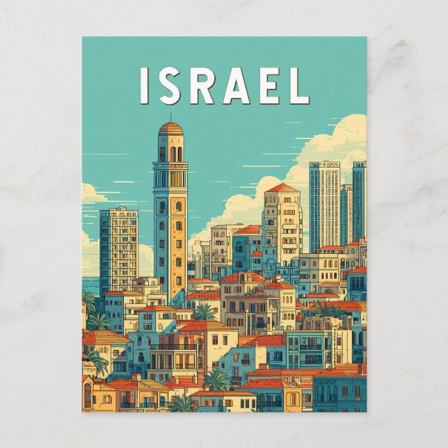 Israel Illustration Travel Art Vintage Vykort (Framsida)