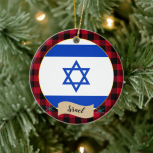 Israel, Red buffalo plaid & Israel Flagga Julgransprydnad Keramik