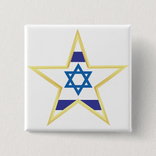 Israelisk flagga Davidsstjärna med guldkant Knapp