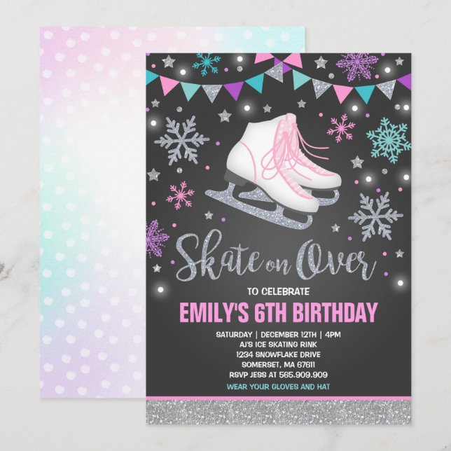 Isroddation Ice Skating Party Silver Inbjudningar (Fram/baksida)