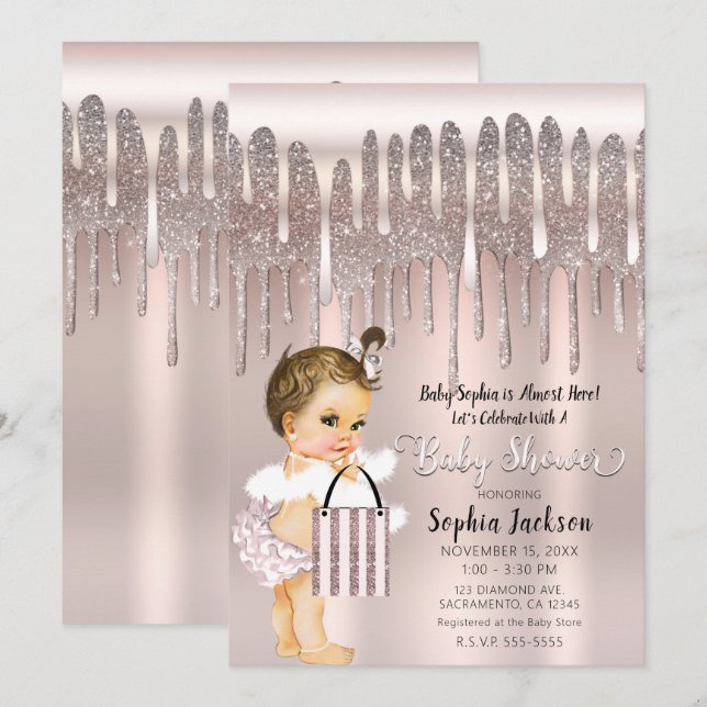 Isrosa Diamantglitter Dropp Babyfirande Inbjudningar (Fram/baksida)