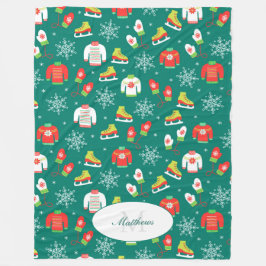 Isskal och Snöflingor Teal Monogram Mönster Fleecefilt