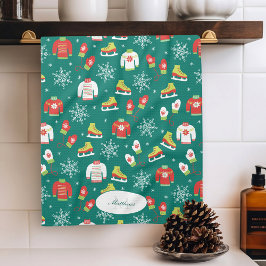 Isskal och Snöflingor Teal Monogram Mönster Kökshandduk
