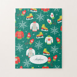 Isskal och Snöflingor Teal Monogram Mönster Pussel