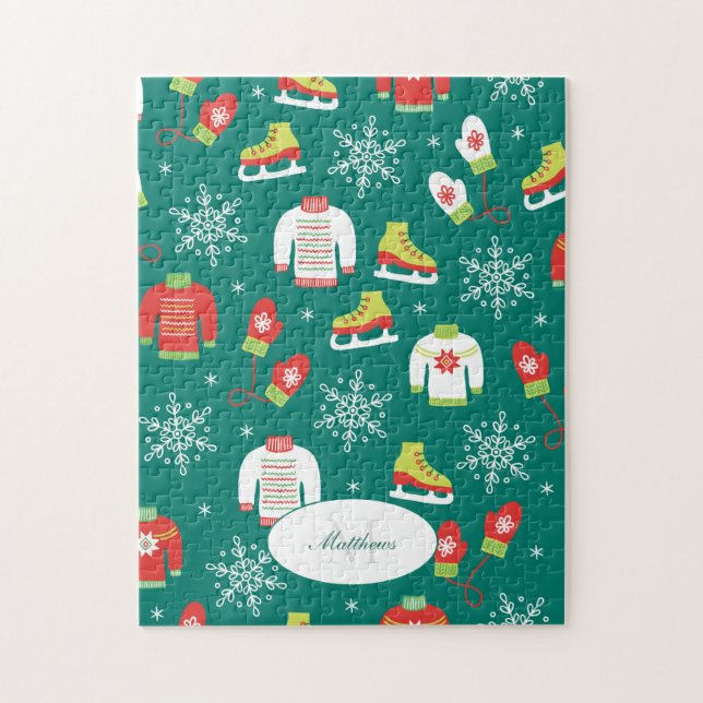 Isskal och Snöflingor Teal Monogram Mönster Pussel (Vertikal)