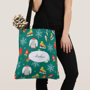 Isskal och Snöflingor Teal Monogram Mönster Tygkasse