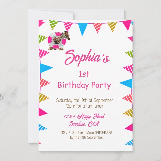 Ist Birthday Cute Rosa Kids Giraffe Flagga Bunting Inbjudningar (Framsida)