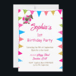 Ist Birthday Cute Rosa Kids Giraffe Flagga Bunting Inbjudningar<br><div class="desc">En söt Giraffe och färgfull flagga som buntar på rosa är grunden för den här anpassningsbar barn-utformningen. Ändra enkelt informationen för din egen personliga information. Från Chessies Bra Design.</div>