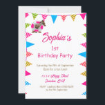 Ist Birthday Cute Rosa Kids Giraffe Flagga Bunting Inbjudningar<br><div class="desc">En söt Giraffe och färgfull flagga som buntar på rosa är grunden för den här anpassningsbar barn-utformningen. Ändra enkelt informationen för din egen personliga information. Från Chessies Bra Design.</div>