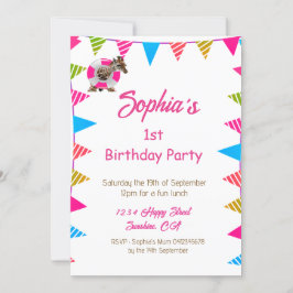 Ist Birthday Cute Rosa Kids Giraffe Flagga Bunting Inbjudningar