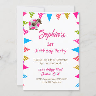 Ist Birthday Cute Rosa Kids Giraffe Flagga Bunting Inbjudningar