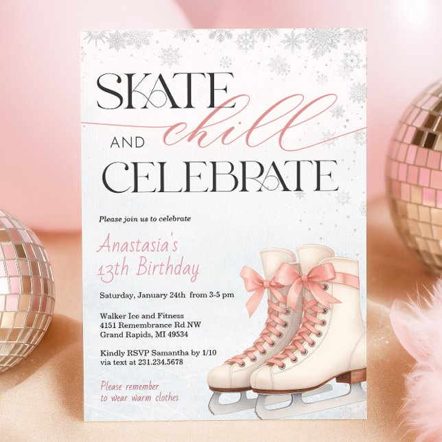 Iståknings Tonåring Födelsedagsinbjudan - Rosa Sli Inbjudningar (Ice Skating Teen Birthday Invitation - Pink Bow )