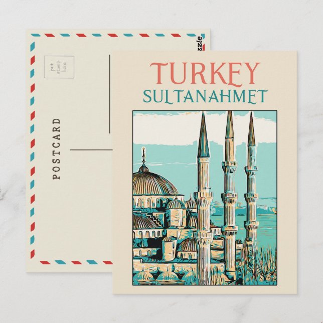 Istambul Blue Mosque illustration Turkiet Postcard Vykort (Fram/baksida)