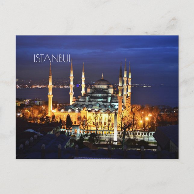 Istanbul Blå moskén Nattvy Landskap Turkiet Helg Vykort (Framsida)