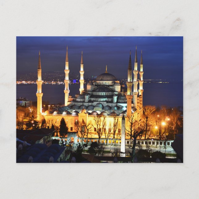 Istanbul Blue Mosque Night Scenery Premium Travel Vykort (Framsida)