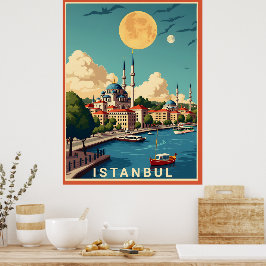 Istanbul Cityscape med full måne Poster