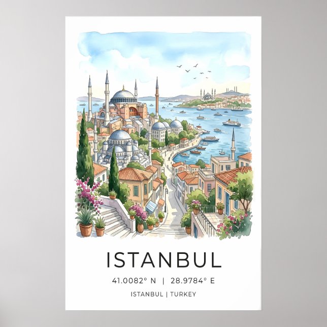 Istanbul Harbour Konsttryck - Vattenfärg Stadsvy Poster (Framsidan)