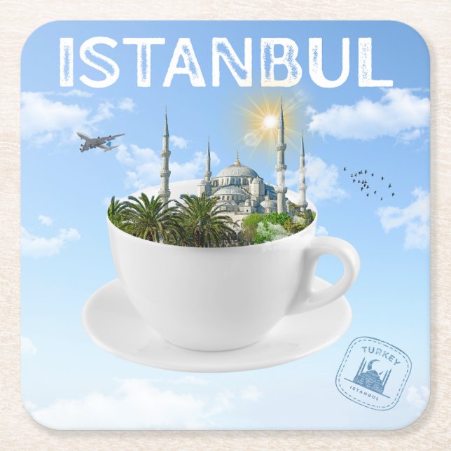 Istanbul i Tekopp - Skyline - Turkiska gift Underlägg Papper Kvadrat (Framsidan)