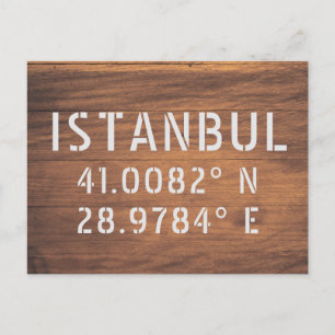 Istanbul Latitud & Longitud Mörkt Trä Vykort