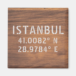 Istanbul Latitude & Longitud Mörk Wood Magnet