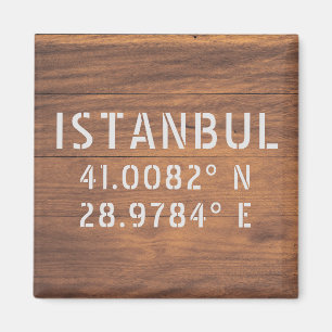 Istanbul Latitude & Longitud Mörk Wood Magnet