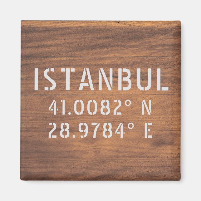 Istanbul Latitude & Longitud Mörk Wood Magnet (Framsidan)