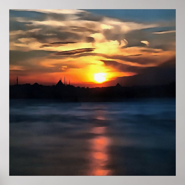 Istanbul Skyline Against Bevalt Sunset Poster (Framsidan)