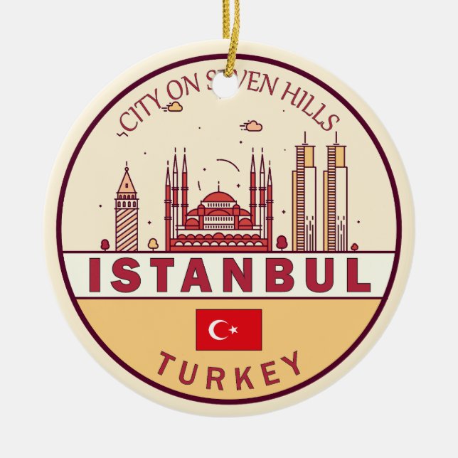 Istanbul Turkey City Skyline Emblem Julgransprydnad Keramik (Framsidan)