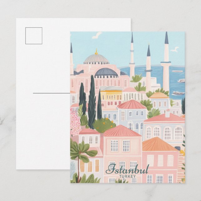 Istanbul Turkey Gouache Paint Illustration Travel Vykort (Fram/baksida)