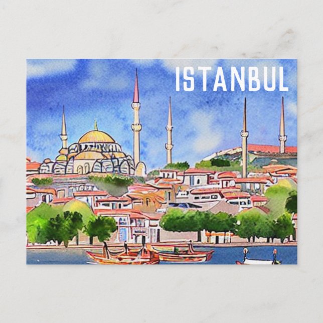 Istanbul Turkey Mosque Watercolor Painting Vykort (Framsida)
