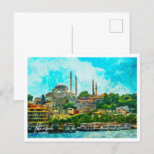 Istanbul Turkey Oil Paint City Landskap Vykort