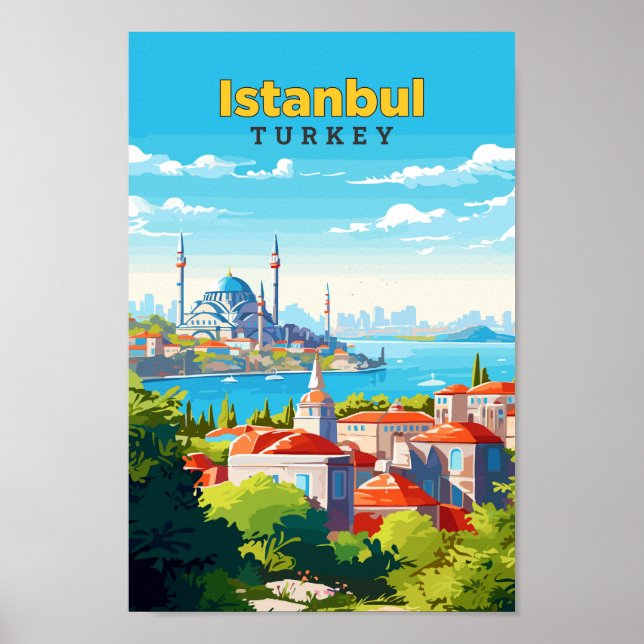 Istanbul Turkey Travel Art Vintage Illustration Poster (Framsidan)