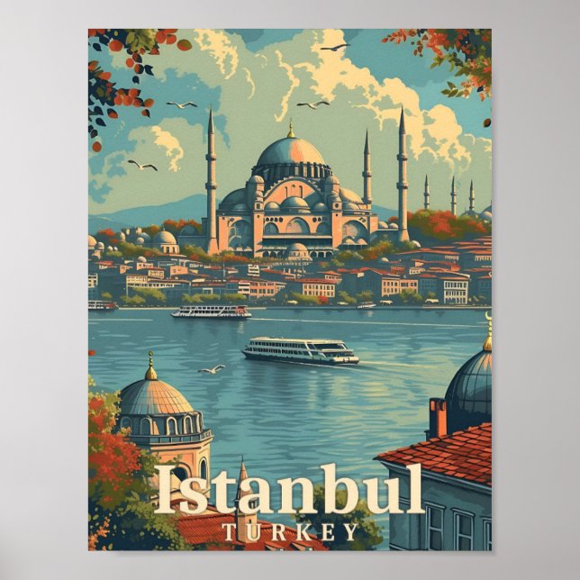 Istanbul Turkey Vintage Art Travel Illustration Poster (Framsidan)