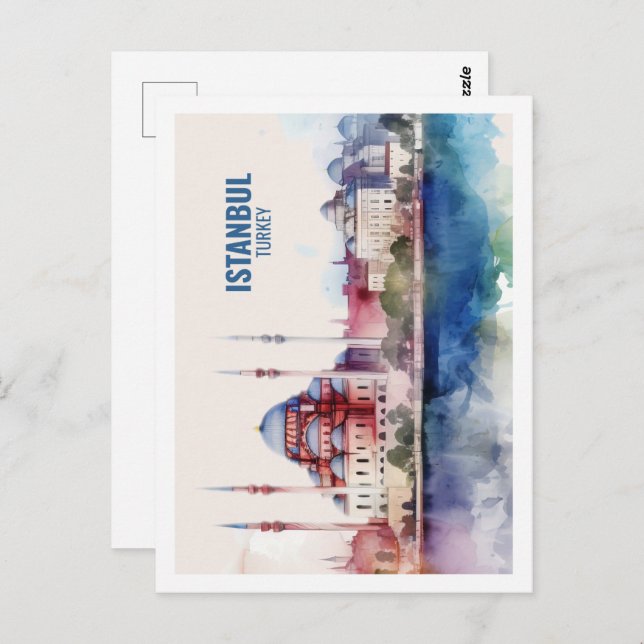 Istanbul Turkiet Berömd Resmål Akvarell Vykort (Fram/baksida)