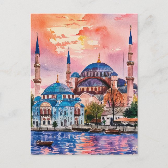 Istanbul Turkiskt vattenfärgsmålning Vykort (Framsida)