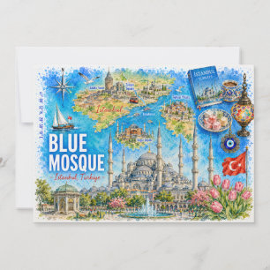Istanbul Turkiye Illustrerad Blå moskén vykort