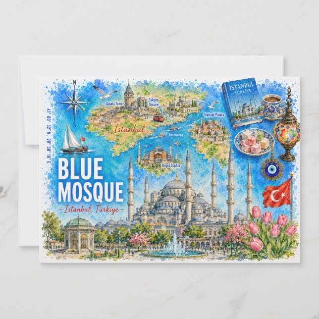Istanbul Turkiye Illustrerad Blå moskén vykort (Framsida)