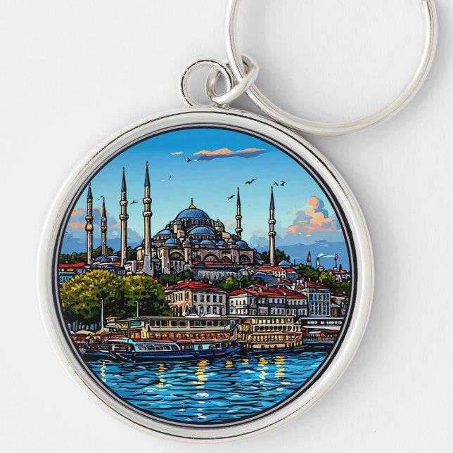 Istanbuls siluett med levande färger rund silverfärgad nyckelring (Framsidan)