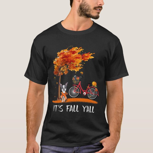 It_#39_s Fall Y_#39_all Boston Terrier Bike Pumpki T Shirt (Framsida)