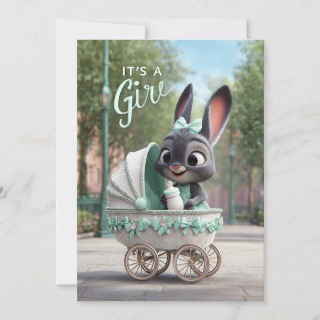 It’s a Girl Baby: Cute Bunny in Green Stroller Inbjudningar (Framsida)