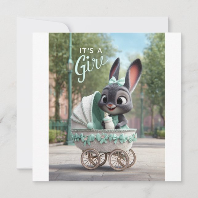 It’s a Girl Baby: Cute Bunny in Green Stroller Meddelande (Framsida)