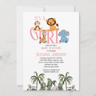 It’s A Girl-Baby Zoo Animals Invitation Inbjudningar