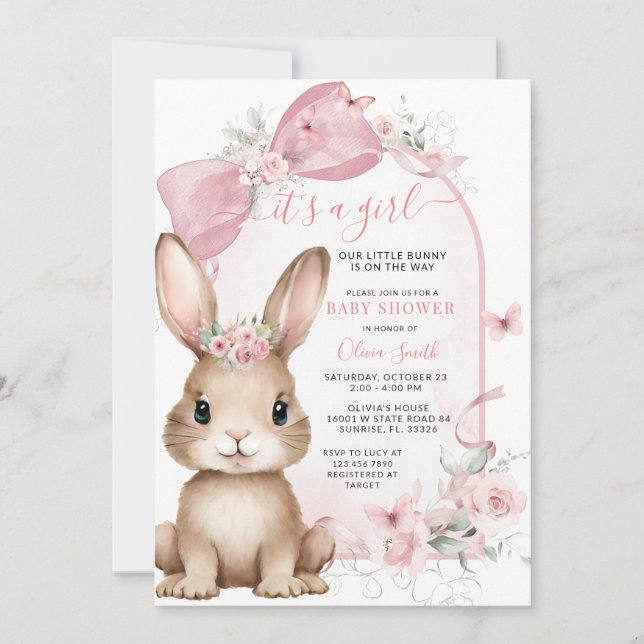 It’s a Girl Bunny Pink Bow Baby Shower Invitation Inbjudningar (Framsida)