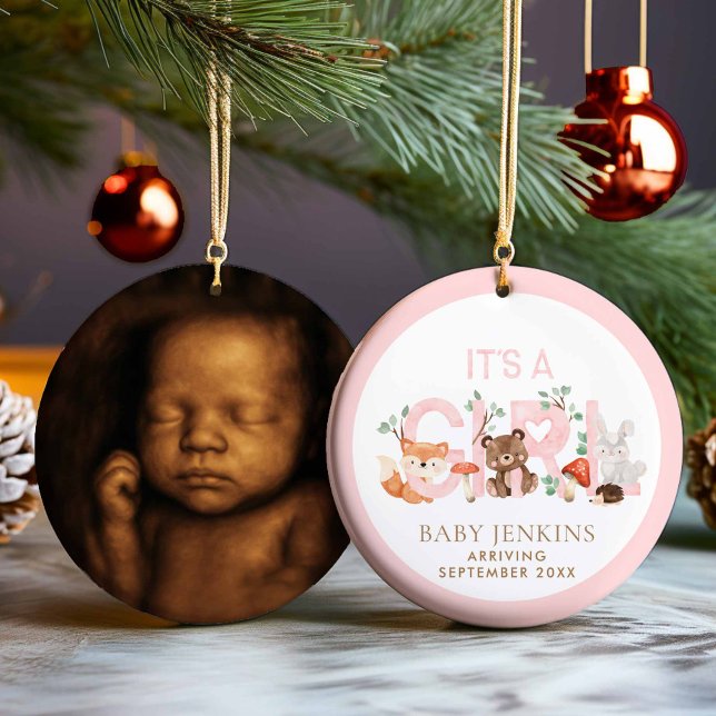 It’s a Girl Woodland Sonogram Photo Christmas Julgransprydnad Keramik (It's a Girl sonogram photo christmas ornament)