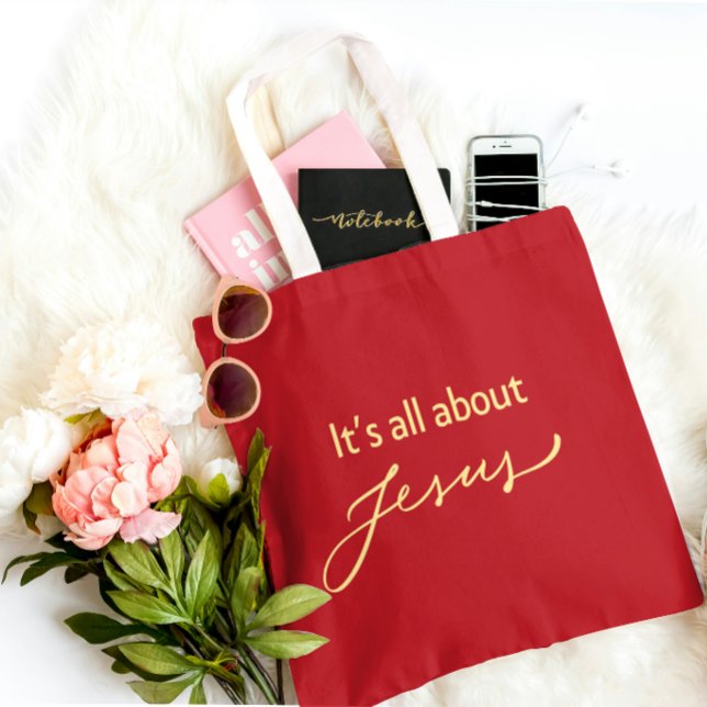 It’s All About Jesus – Elegant Red & Gold Tote Bag Tygkasse (Skapare uppladdad)