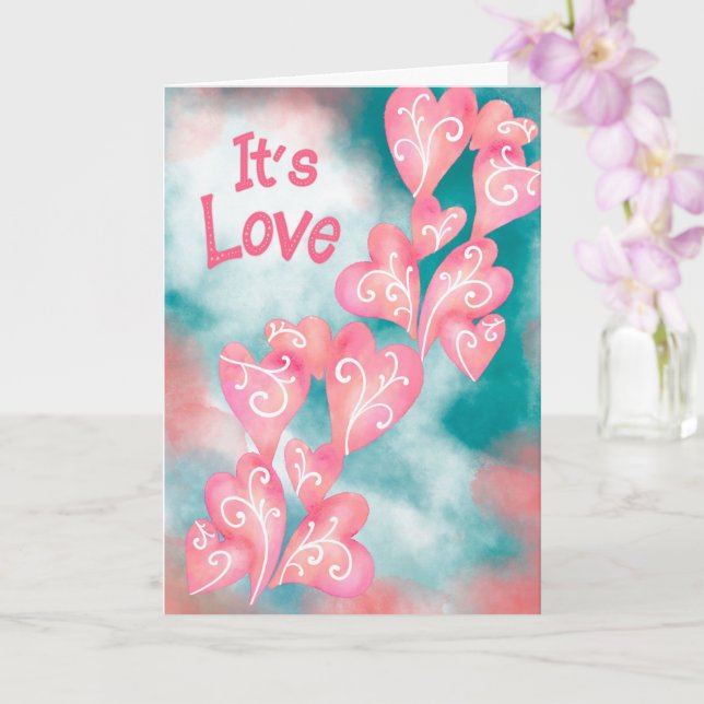 It’s Love – Pink & Teal Heart Cascade Kort (Orkide)