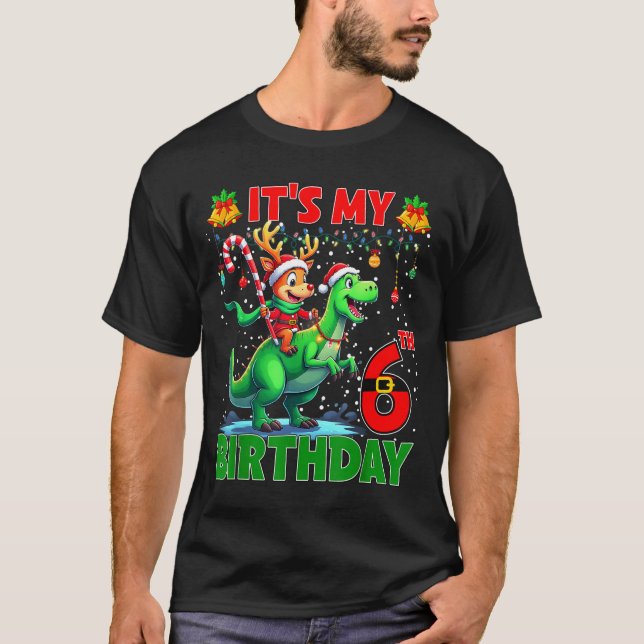 It’s My 6th Birthday Xmas Reindeer Riding Dinosaur T Shirt (Framsida)