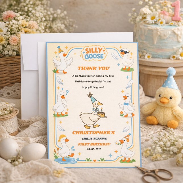 It’s ONE Silly Goose Retro 1st Birthday Fun Modern Tack Kort (It’s ONE Silly Goose Retro 1st Birthday Fun Modern Party Thank You Card)